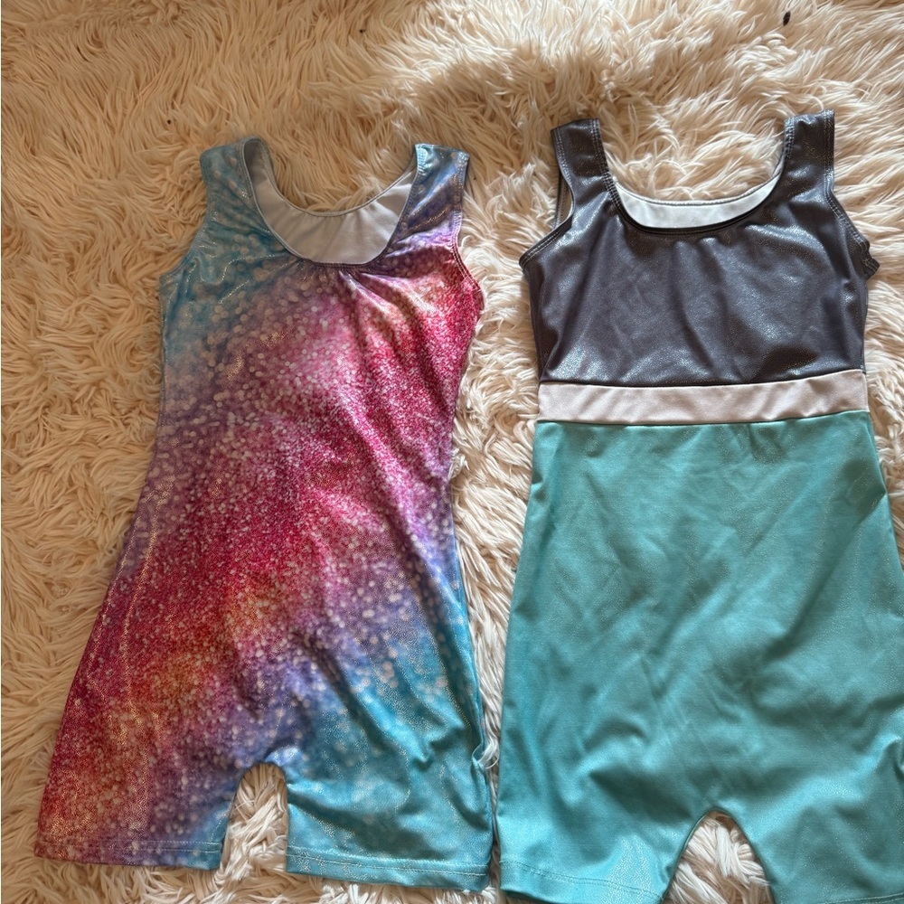 Lots of 2 Vibrant Multicolor and Teal Biketards Unitards Gym Athletic Tumbling